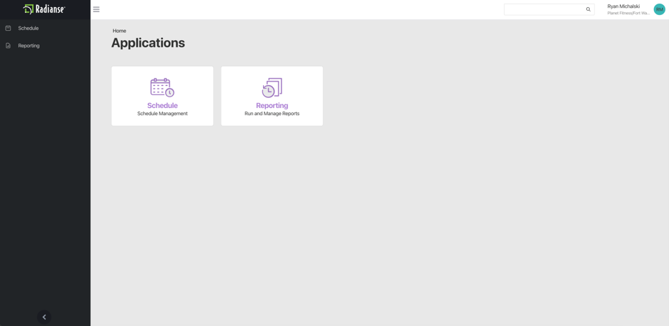Screenshot: Applications dashboard showing Schedule and Reporting modules