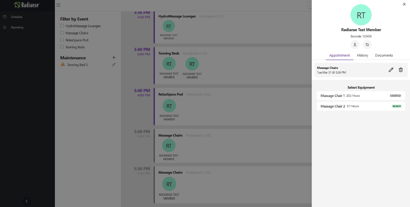 Screenshot: Schedule screen and member detail panel