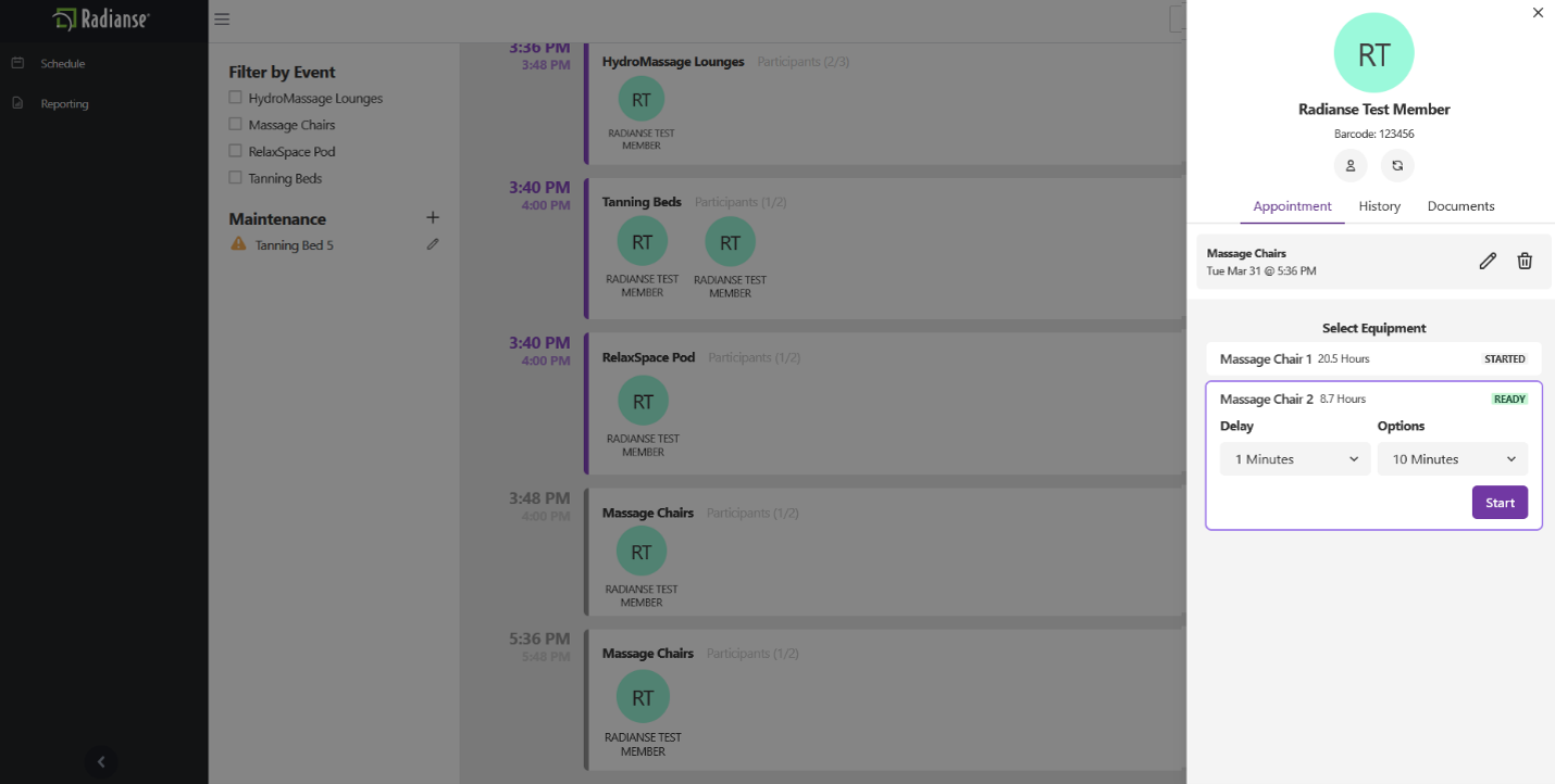 Screenshot: Selecting equipment and setting delay/duration