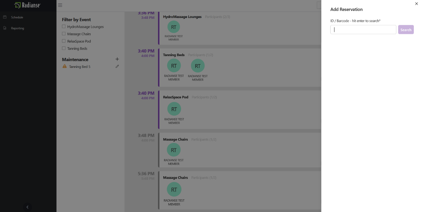 Screenshot: Add Reservation panel with barcode search field