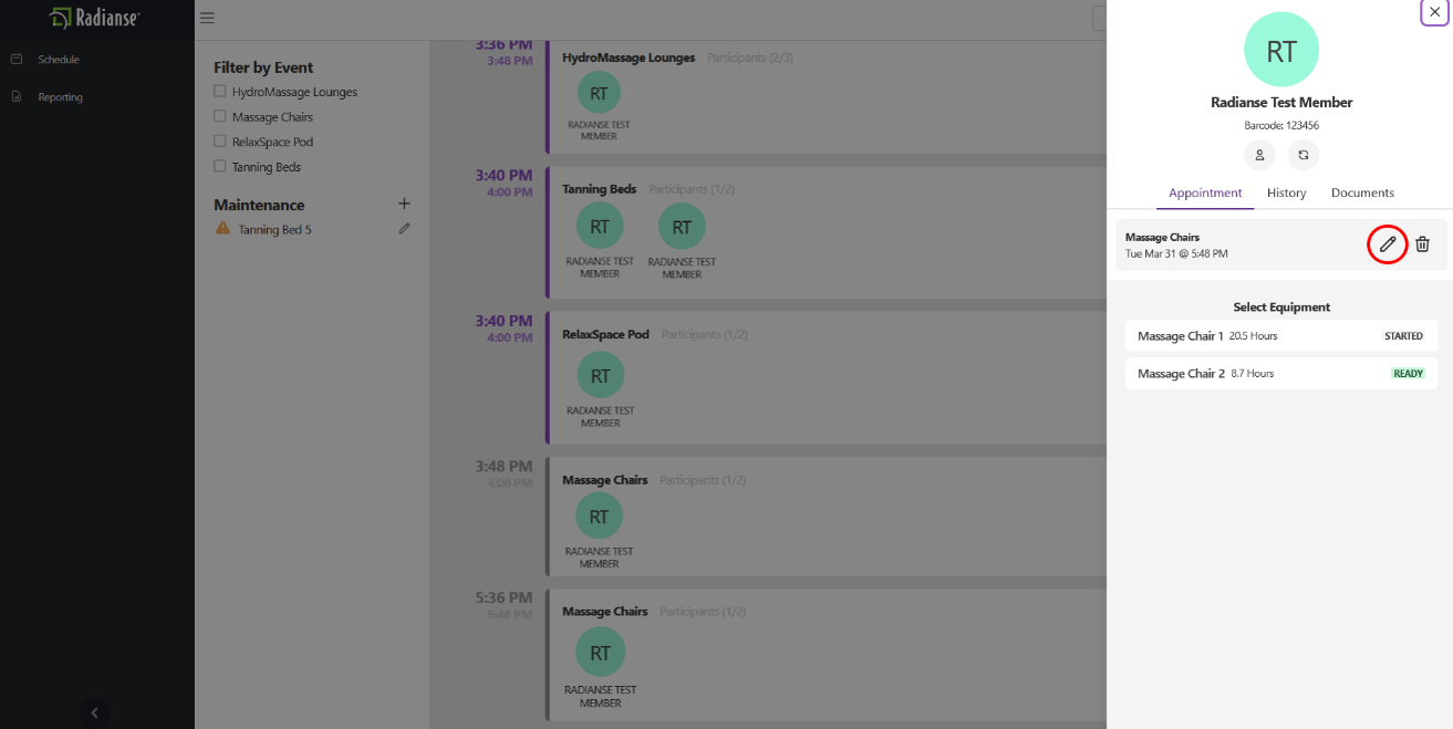 Screenshot: Pencil edit icon next to a reservation