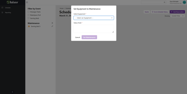 Screenshot: Set Equipment to Maintenance dialog