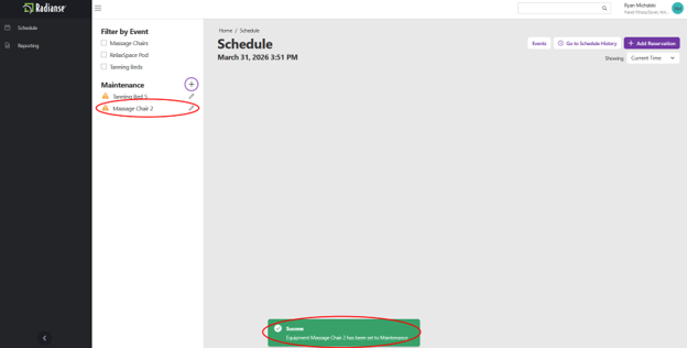 Screenshot: Success notification and Maintenance list