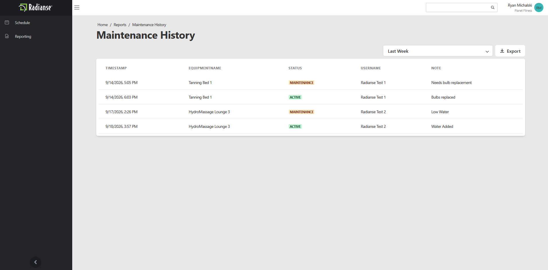 Maintenance History table