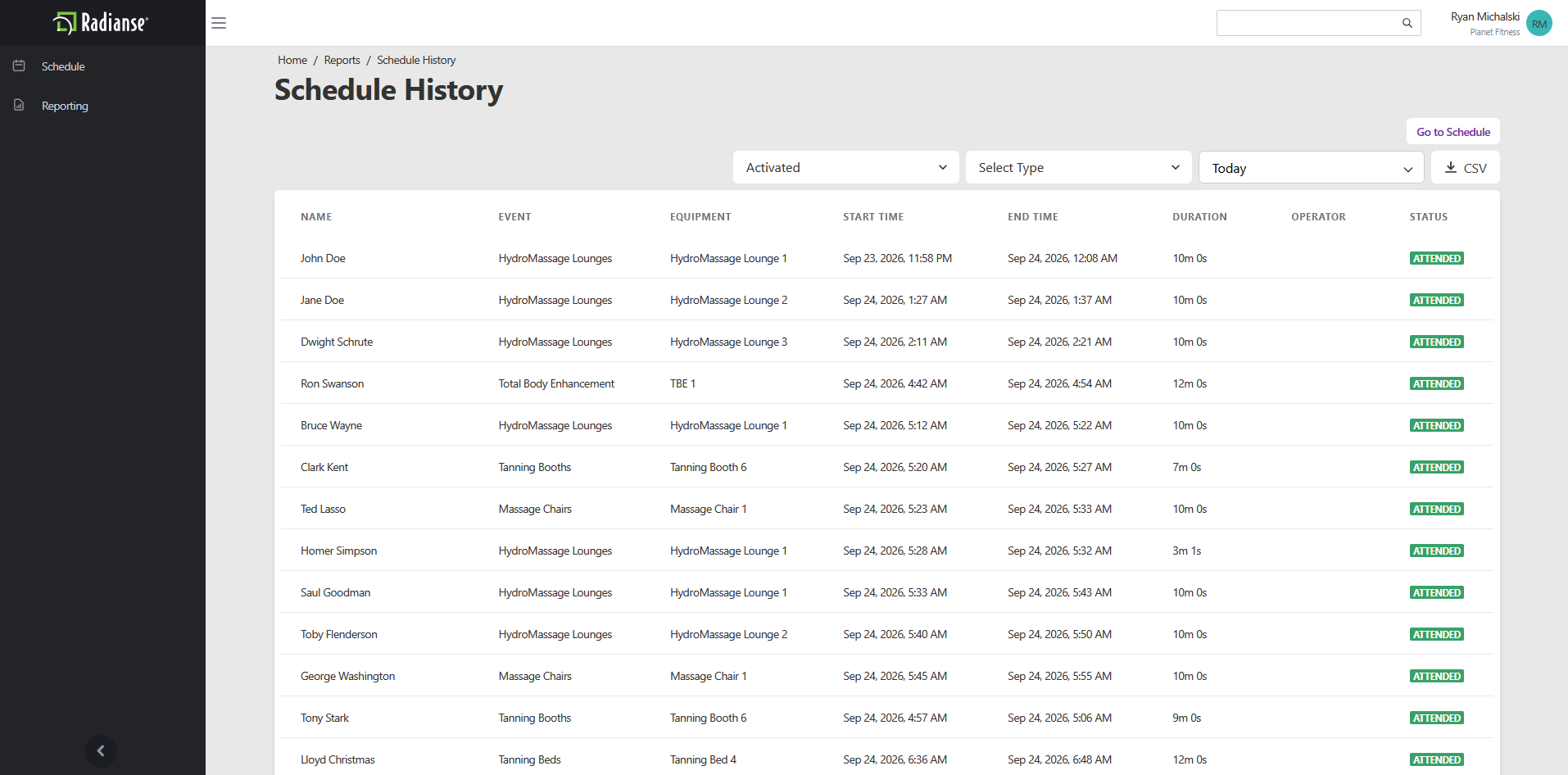 Schedule History report screen