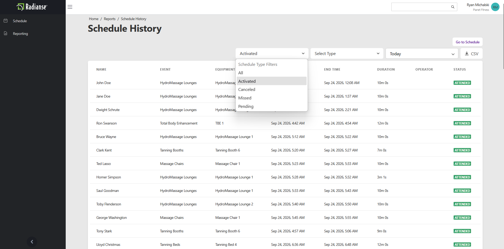Schedule Type Filters dropdown expanded